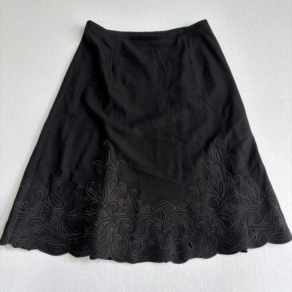 Talbots VTG Embroidered Wool Knee Length Skirt Women's 12 Black Scalloped Lined